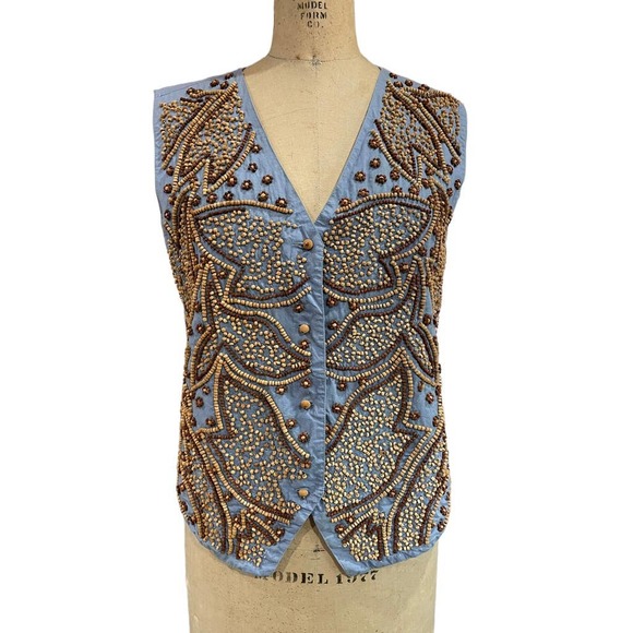 Why Not by California Dreams Womens Beaded Vest Blue Brown Wearable Art XL - Picture 1 of 5